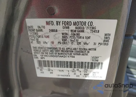 2010 Ford Escape Xlt z USA, uszkodzony, nr VIN 1FMCU9DG7AKD31754